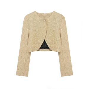 Veste Courte Élégante en Tweed Or Champagne pour Femme Col Rond Manches Longues Paillettes Fil Métallique