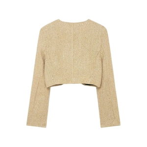 Veste courte en tweed champagne pour femme avec vue arrière texturée et élégante