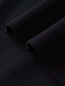 Detailed macro shot of premium black wool fabric texture on a women's short jacket