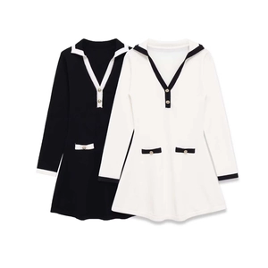 Vestido Mini Elegante De Manga Larga Para Mujer Cuello En V Botones Dorados Patchwork Punto Ajustado Ropa De Oficina