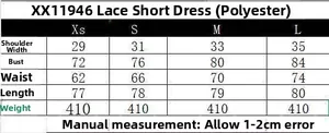 Size chart for lace mini dress XX11946 with bust, waist, and length measurements in cm