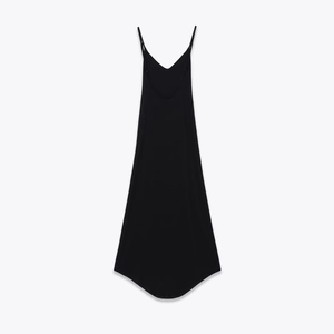 Minimalist black spaghetti strap dress with asymmetric hem and smooth satin finish