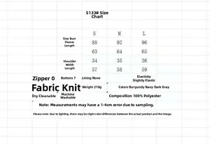 Size chart for the long sleeve knit top with chest and shoulder measurements