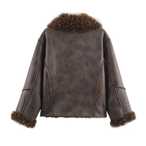 Women's dark brown faux suede shearling jacket with plush collar from the back view