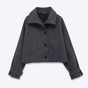 Veste Courte en Laine Couleur Unie pour Femme Revers Simple Boutonnage Manches Longues Élégante Manteau de Banlieue Automne