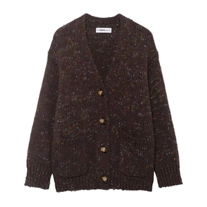 Cardigan en Tricot Moucheté Vintage pour Femmes Col en V Boutonnage Simple Pull Ample Manches Longues avec Poches