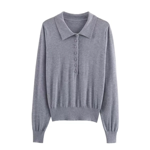 Women's chic grey long sleeve knit polo shirt with buttoned collar and ribbed cuffs