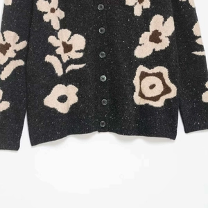 Loose knit cardigan in dark grey with vintage cream and brown floral jacquard patterns
