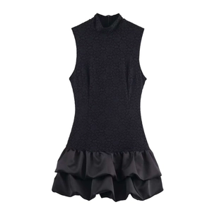 Elegant Black Lace Patchwork Sleeveless Mini Dress Mock Neck Satin Skirt Double Layer Ruffle Hem Party Evening Dress For Women
