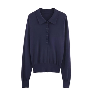 Slim fit dark blue long sleeve polo knit sweater with buttoned placket and ribbed cuffs