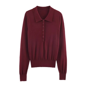 Slim fit burgundy long sleeve knit polo shirt with turn-down collar and button placket