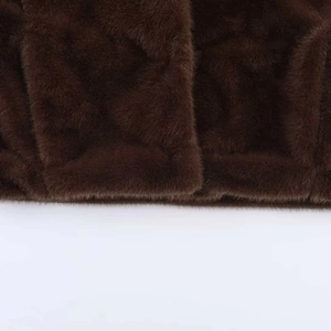Detail of soft dark brown faux fur jacket with a smooth texture and thick plush finish