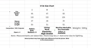 Size chart table for loose knit top showing S, M, L dimensions and fabric care details