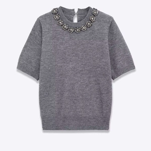 Women Elegant Grey Round Neck Short Sleeve Knit Sweater With Floral Rhinestone Beaded Detail Casual Loose Pullover Top