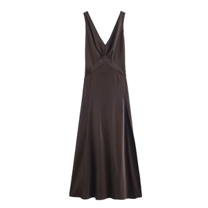 Elegante Abito Midi in Satin Senza Maniche con Scollo a V Spacco Alto Arricciato Tinta Unita Bodycon per Festa e Banchetto Donna