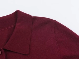 Close-up of the burgundy knit polo shirt collar and fine shoulder stitching detail