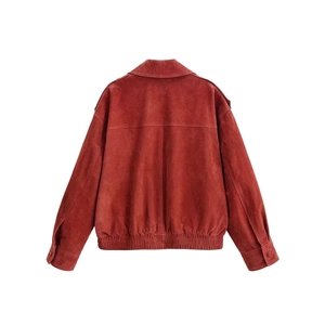 Back view of a vintage brick red suede double-breasted jacket with elastic waist hem