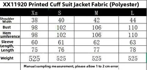 Size chart table for printed cuff blazer showing XS-L measurements in centimeters