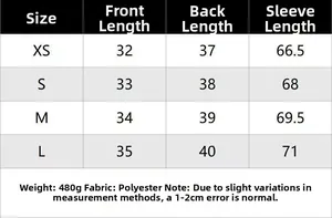 Size chart for women's short faux fur jacket with length and sleeve measurements