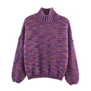 Loose purple chunky knit sweater with colorful mixed yarn and ribbed cuffs for women