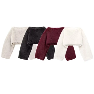 Women Faux Fur Shrug Ultra Short Bolero Long Sleeve Jacket For Party Wedding Evening Elegant Warm Fluffy Outwear