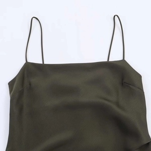 Elegant dark green satin slip dress with delicate spaghetti straps and square neckline
