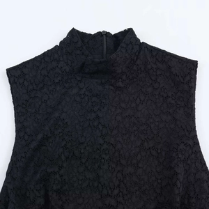 Elegant sleeveless black lace top with high collar and back zipper detail on white background