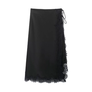 Elegant black satin wrap skirt with delicate lace trim and tie waist for a slim fit