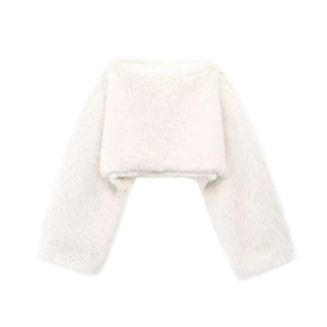 Elegant white faux fur bolero shrug for women, short cropped style with long sleeves
