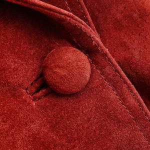 Retro brick red faux suede double-breasted jacket showing textured fabric and buttons