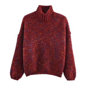 Loose knit turtleneck sweater for women in chunky red speckled yarn with ribbed edges