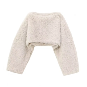 Detailed view of light grey faux fur shrug with plush texture and smooth silk-like lining