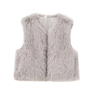 Women's faux fur vest in light grey with plush texture and sleeveless V-neck design
