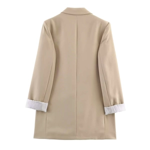 Back view of a khaki mid-length blazer with stylish striped lining on folded cuffs