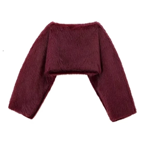 Deep burgundy faux fur cropped shrug jacket with long sleeves and luxurious thick texture