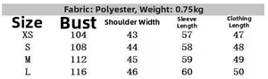 Detailed size chart for faux fur jacket showing bust and shoulder measurements in centimeters