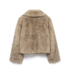 Chic light brown faux fur jacket with a turnover collar in a stylish back view shot