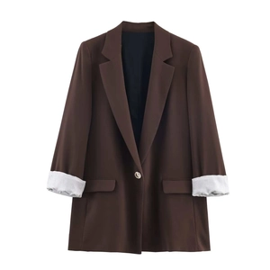Classic dark coffee three-quarter sleeve blazer with pinstripe cuffs on white background