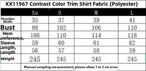 Detailed size guide table for the contrast trim boat neck chiffon blouse, sizes XS to L
