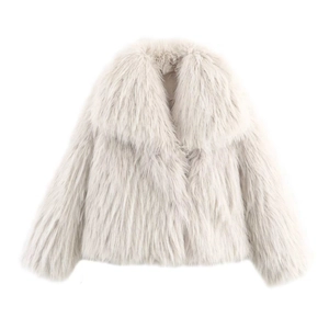 Elegant short faux fur jacket with large lapel collar in light grey plush material
