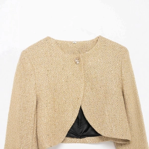 Veste courte en tweed doré champagne pour femme avec fils métalliques et col rond