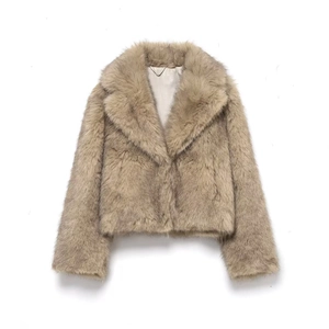 Women Faux Fur Coat Fashion Lapel Short Jacket Warm Autumn Winter Outerwear Solid Camel Plush Overcoat Stylish Ladies Top