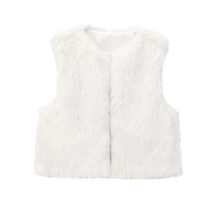 Chic white faux fur vest for women featuring a sleeveless open front and fluffy texture