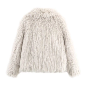 Back view of a plush light grey faux fur short jacket showing thick soft texture and warmth
