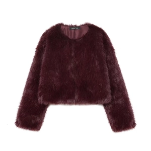 Short faux fur jacket in burgundy with round neck and silky lining for autumn fashion