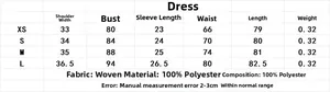 Detailed size chart for slim fit pleated dress showing measurements in centimeters