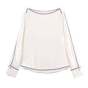 Women Elegant Boat Neck Chiffon Blouse Long Sleeve Contrast Piping Office Lady Work Shirt Fashion Solid White Satin Top