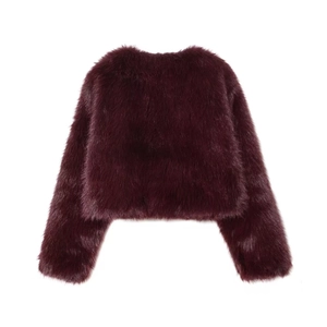 Rear view detail of dark burgundy faux fox fur jacket with plush and glossy texture