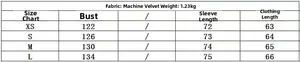 Size chart for faux suede jacket with chest, sleeve, and length measurements in cm