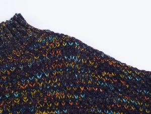 Detail of chunky knit sweater neckline with multicolor speckled yarn and cozy texture